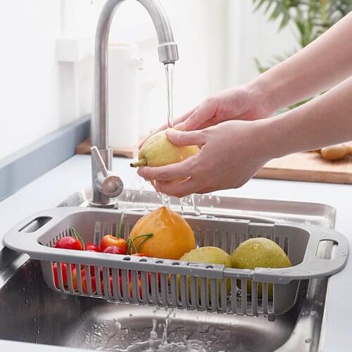 Adjustable Sink Drain Basket Washing Vegetable Fruit Drain Basket Kitchen Accessories Plastic Retractable Organizer Drain Rack