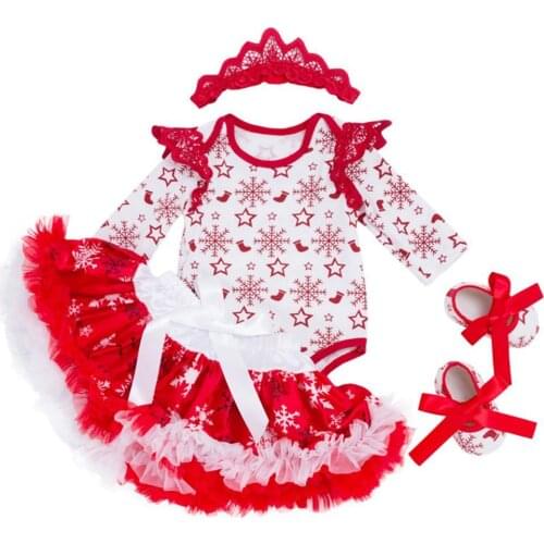 Christmas Newborn Baby Snowflake Printed Romper Skirt Headband Shoes Outfit