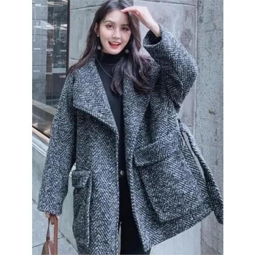 Hstar Woolen Coat For Women 2021 Autumn And Winter New Korean Style Loose Waist Retro Woolen Coat