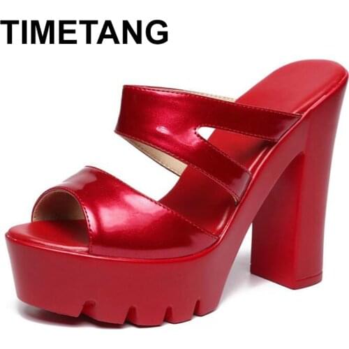 TIMETANGNew Platform 2019 Women High Heel Shoes Peep Toe Slingback Lady Slippers Patent Leather Sandals Women PumpsE1274