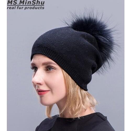 Ms.MinShu Cashmere Hats For Women Pompom Beanies Fur Hat Female Warm Caps With Real Raccoon Fur Pompom Bobble Hat Adult