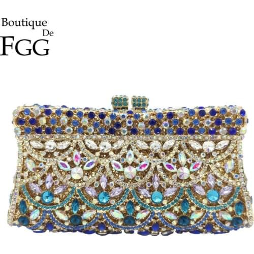 Boutique De FGG Gradient Multicoloured Women Crystal Evening Minaudiere Bags Hollow Out Flower Clutch Wedding Purses Handbags