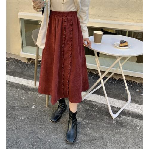 All-Match Skirt Wine Red With Wood Ears Mid-Length Female Autumn And Winter Fashion Vintage Casual Loose Saia Mujer Faldas y1436