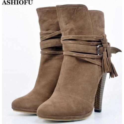 ASHIOFU Handmade Retro Womens High Heel Boots Shoelace Party Prom Winter Ankle Boots Female Large Size Evening Fashion Boots