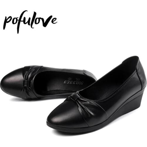 Pofulove Women Wedges Pumps PU Leather Heels Slip on Shoes Black Office Lady Shoes Spring Summer Pumps Shallow Platform Zapatos