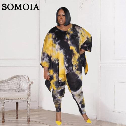 Plus Size Two Piece Womens Clothing Sexy V Neck Fashion Tie Dye Printing Irregular Top Casual Loose Trousers Suit Dropshipping