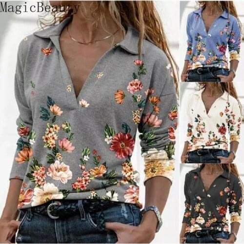 Women V Neck Long Sleeve T Shirt Floral Print Pullover Top Spring Autumn Tee Shirt