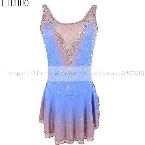 Figure Skating Dress Womens Girls' Ice Skating Competition Dress Sleeveless Blue gray gradient color Backless Rhinestone Color