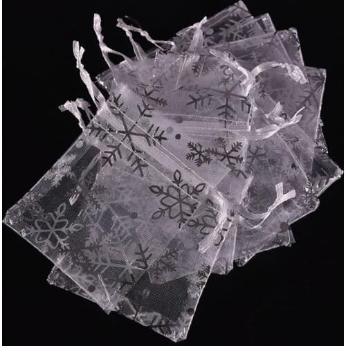 100 PCS 7*9cm Organza Bags White With Silver Snowflake Drawstring Bags Christmas Gift Pouches
