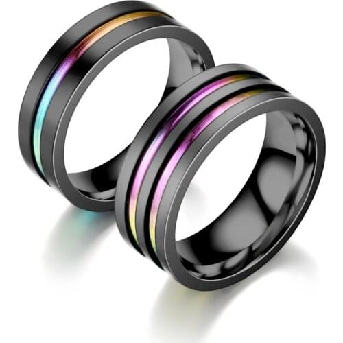 Black Stainless Steel Basic Ring for Men With Rainbow Line Classic Male Wedding Band Multi Color Jewelry Fraternal Rings