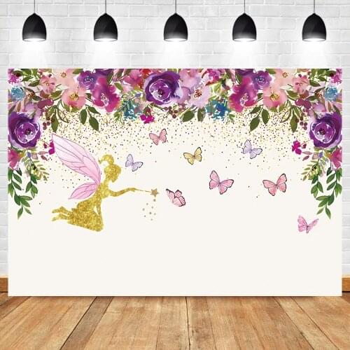 Laeacco Girls Birthday Dancing Elf Backdrop For Photograph Butterfly Flower Wreath Gold Glitters Custom Poster Photo Background