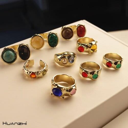 HUANZHI 2021 New U-shape Geometric Irregular Brass Colorful Pearl Texture Opening Round Resin Rings for Women Girls Jewellery