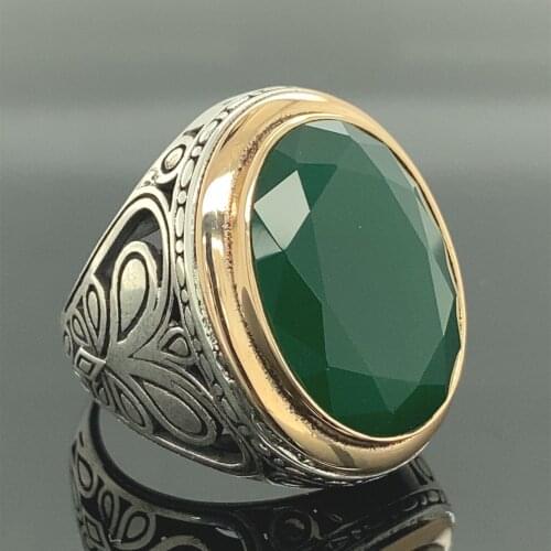 Sterling Silver Emerald Ring , Men Green Emerald Stone Ring , Handmade Oval Gemstone Ring , Vintage Style Emerald Ring , Gift Fo