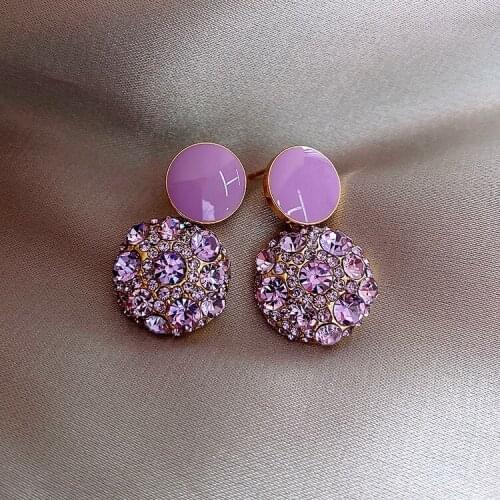 Round Alloy Mosaic Purple Crystal Premium Texture Earrings Temperamental Compact Vigorous Girl Student Jewelry Gift Simple