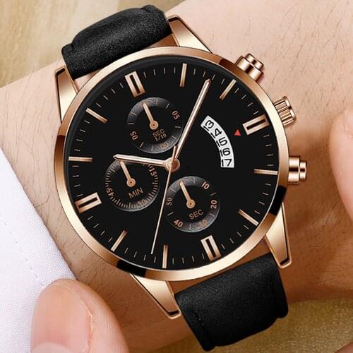 Men Watches Fashion Sport Stainless Steel Case Leather Band Watch Quartz Business Wristwatch Male Watch