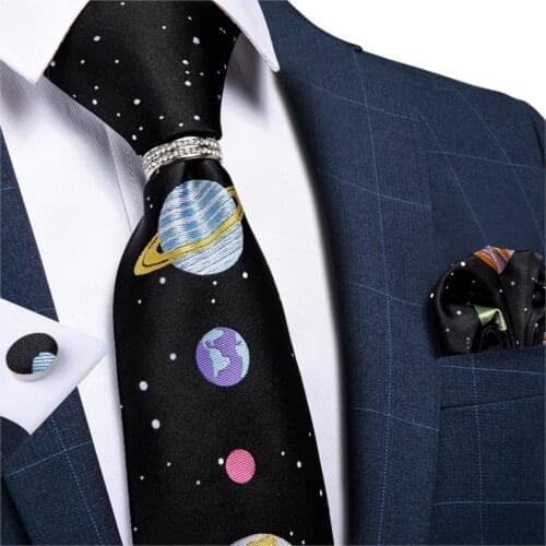 DiBanGu Mens Neckite Black Planet Silk Wedding Tie For Men Novelty Design Fashion Bussiness Party Tie Hanky Cufflinks Ring Set