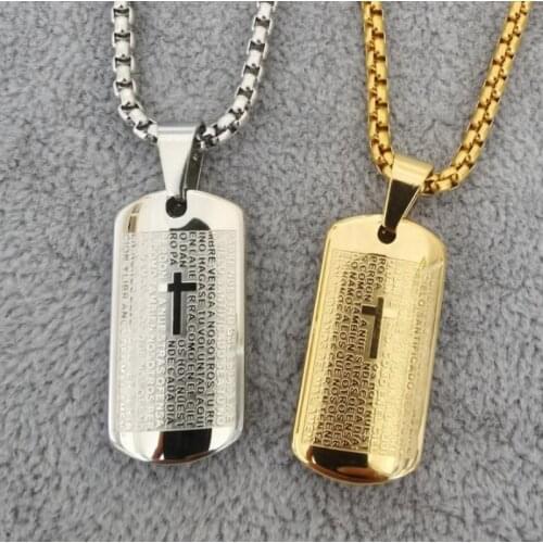 Christian Bible Cross Mens Stainless Steel Simple Tag Necklace Religious Jewelry