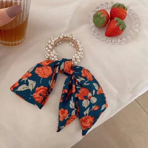2021 New Floral Bowknot Ribbon Hair Ties for Women Vintage Style Exquisite Pearl Head Rope