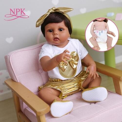 NPK 55CM reborn baby gir full body soft silicone bebe doll in Tan brown skin lifelike real touch waterproof doll