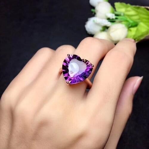 Simple heart-shaped gemstone Natural amethyst lady ring, 925 silver, novel craftsmanship, beautiful colors