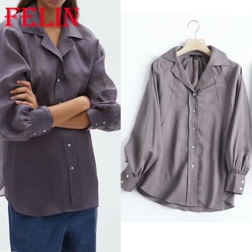 FELIN Za Office Lady 100% Hemp Oversized Shirts Women Unicolor Gray Elegant Blouses Fashion 2021 Loose Long Mujer Tops