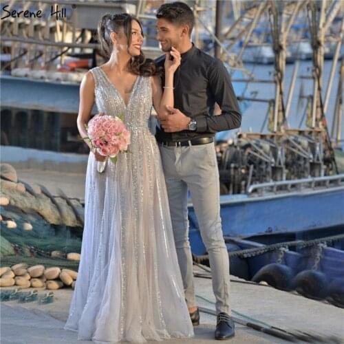 Grey Sequins Beading V-Neck Sexy Evening Dresses 2020 Dubai Sleeveless A-Line Formal Dress Serene Hill LA70340