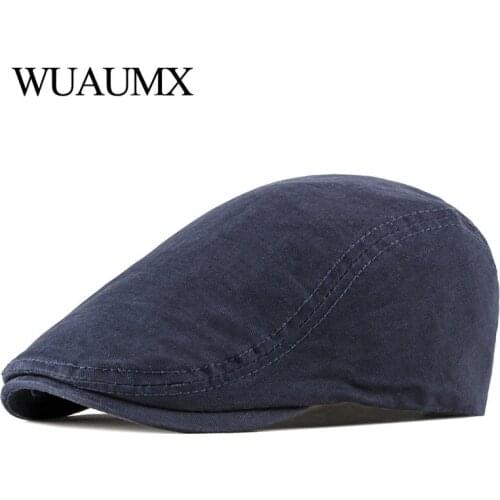 Wuaumx Spring Autumn Mens Hat Solid Beret Hat For Women Wash Cotton Visors Herringbone Flat Caps Artist Painter hat Peaked Boina