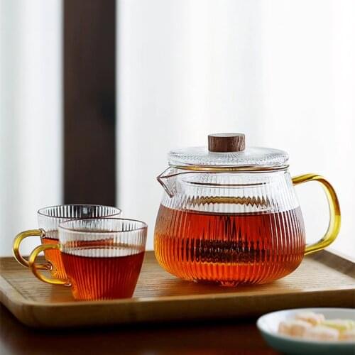 Glass Teapot Duckbill Vertical Pattern Heat Resistant Glass Pot With Tea Filter Handle Kettle Coffee Jug Glass Tea Pot