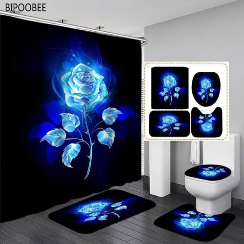 Blue Rose Flowers Black Bathroom Curtain Shower Curtains for Washroom Decoration Durable Bath Mats Pedestal Anti-skid Carpet
