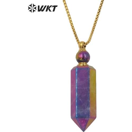 WT-N1260 Wholesale Natural Amethysts spirit quartz point necklace with Aura Amazing gold steel stone point perfume necklace