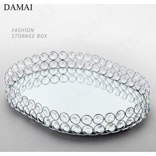 Creativity Silver Plated Mirror Trays Decorative Nordic Modern Oval Inlaid Glass Crystal Desktop Wine Glass Tea Set Storage Tray