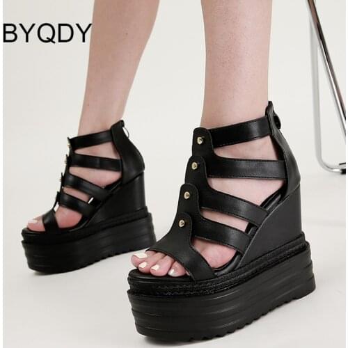 BYQDY 2021 New Summer Wedge With Women Sandals European American Fashion Platform Heels Muffin High Heel Shoes Fish Mouth Zipper
