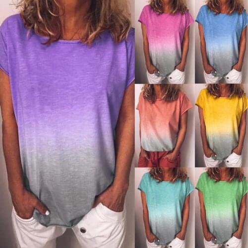 Women Shirts Gradient Color Short Sleeve Blouse Top 2021 Summer Casual O-neck Loose Shirt Tee Female Soft Simple Tops Plus Size