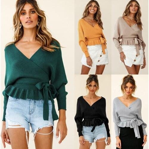 2021 Fashion Casual Women Short Sexy V-neck Knitted Top Long-Sleeved Solid Color Oversize Loose Sweater Jacket