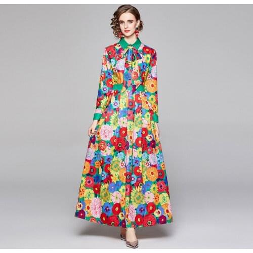 Runway Designer Floral Long Dress 2021 Spring Fashion Womens Long Sleeve Vintage Print Casual Vacation Maxi Dress Vestidos