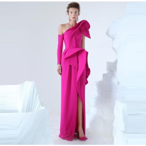 Women Prom Dress Hot Pink sukienka na bal One Shoulder With Ruffles Sheath Elegant Front Slit Long Evening Gowns