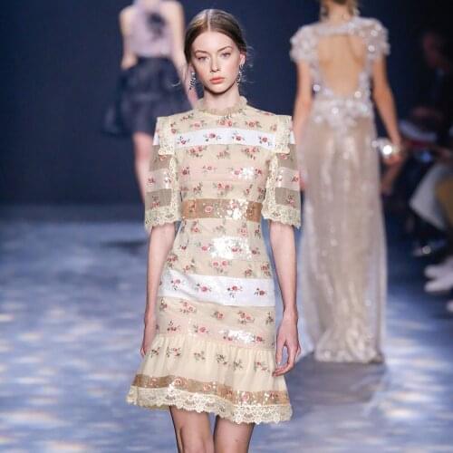 2020 New Arrivals Runway Designer Short Sleeve Lace Floral Embroidery Flower Women Spring Summer Fashion Boho Ladies Dress