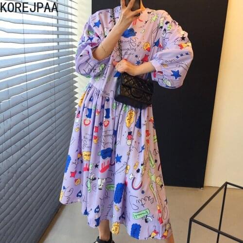 Korejpaa Women Dress 2021 Summer Korean Chic Childlike Age-Reducing Cartoon Graffiti Print Loose Puff Sleeve Big Swing Vestidos