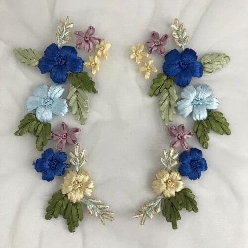 1 Pair Embroidery Tulle Flower Lace Neckline Fabric Ribbon Flower Applique Handmade Garden Flowers Mesh sew on patches