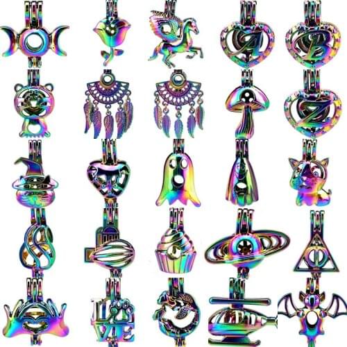 1X Rainbow Pearl Cage Filigree Universe Cupcake Bat Letter Essential Oil Diffuser Beads Cage Locket for Oyster Pearl