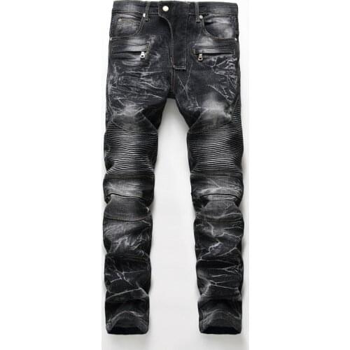 2021 AUTUMN Spring Mens Ripped Street HIP HOP Punk Stretch Bike Jeans Trendy Holes Straight Denim Trouers