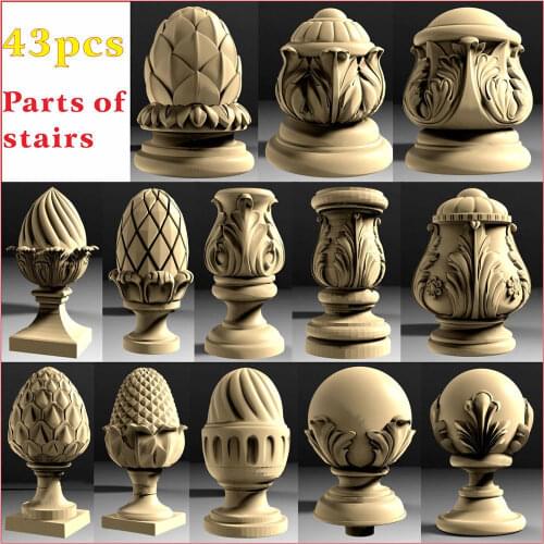 43pcs Parts of stairs and Decorative pillar 3d STL Model Relief for CNC Router Aspire Artcam _ baluster head and Decorative