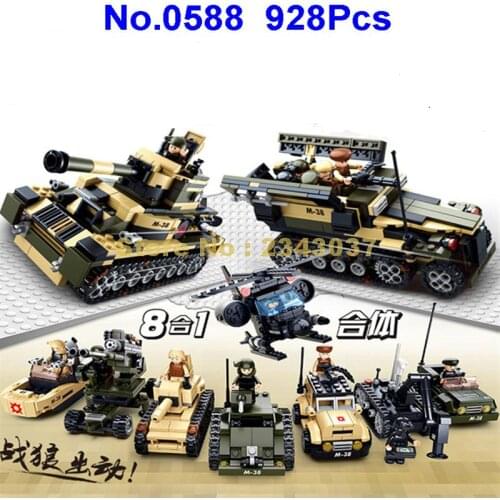0588 928pcs 8in1 Military Wolf Special Force Tank Assault Armoured Vehicle Car Helicopter Building Block Toy