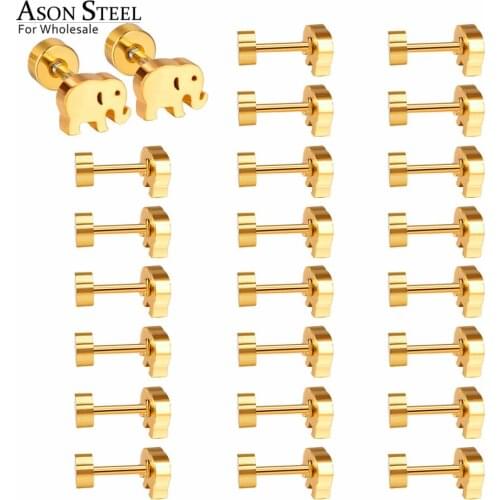 ASONSTEEL 12pairs/lot Cute Elephant Screw Stud Earrings for Women Stainless Steel Gold/Silver Color Animals Jewelry Wholesale