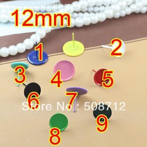 Free shipping!!! 200sets /lot 12mm Mixed Color Copper Round Cabochon Settings Earring Pos earring studs With Earring stopper