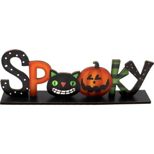 Spooky Letters Wooden Sign Halloween Table Decoration Cartoon Pumpkin Cat Backdrop Farmhouse Party Desktop Ornament