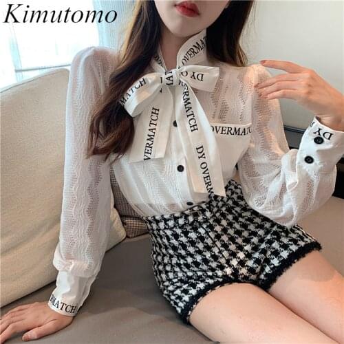 Kimutomo Elegant Lace Blouse Women Autumn 2021 New Fashion Female Long Sleeve Bow Lace Up Letter Print Single Breasted Shirt