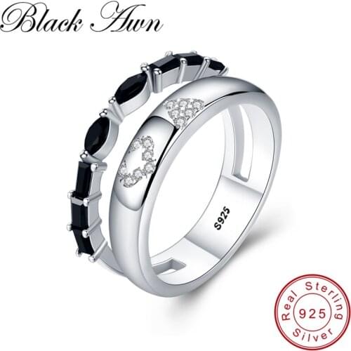 [BLACK AWN] 925 Sterling Silver Jewelry Trendy Elegant Finger Ring Black Spinel Hollow Rings for Women G054
