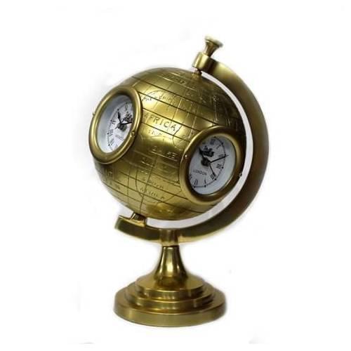 Brass Roman Clocks Rotating World Globe In 35cm Decorative Gift