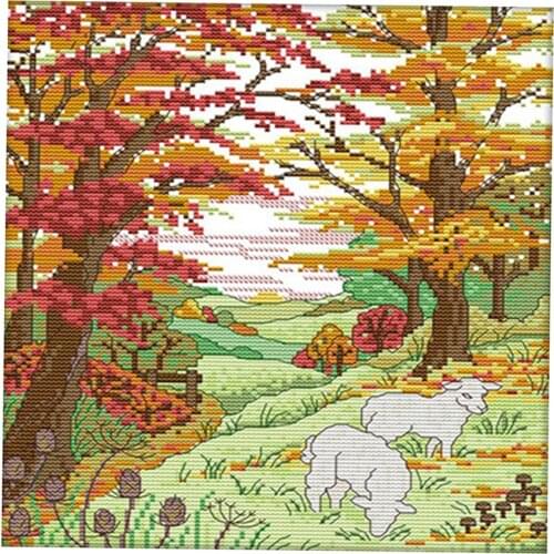 Stamped Cross Stitch Kits, Cute Sheep & Fall Landscape Cross-Stitch Sets 14CT